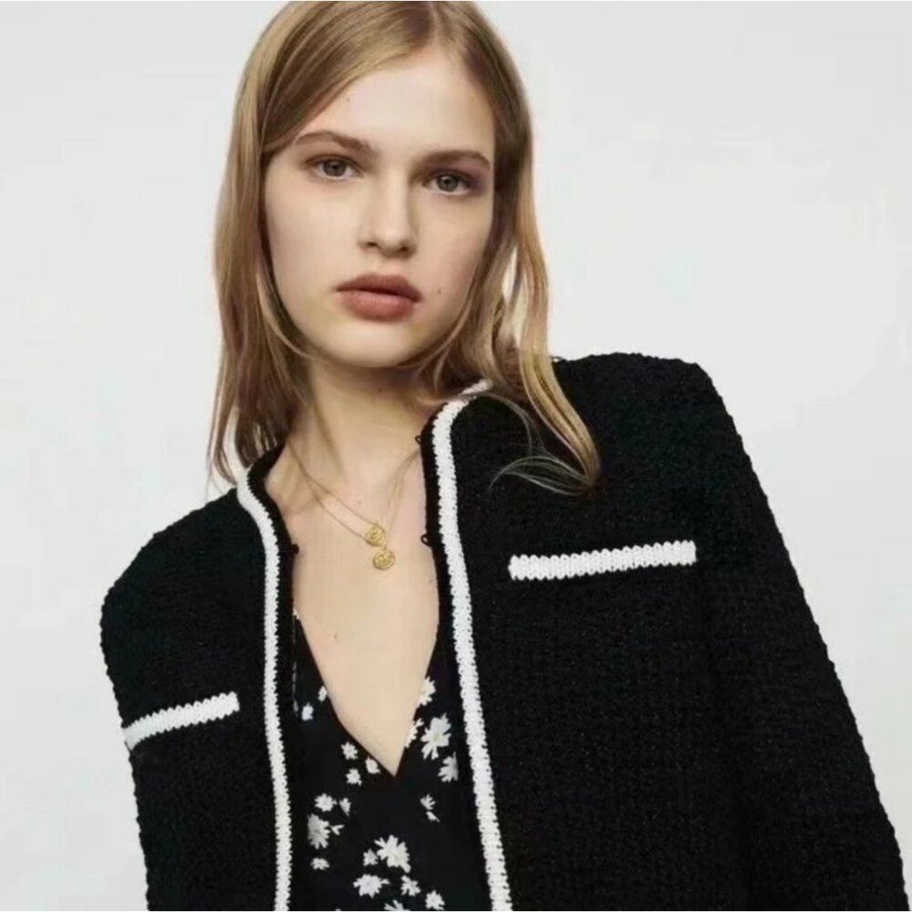 Maje Black Women's Cardigan Knit Jacket with White Trim (Designer Size 1)